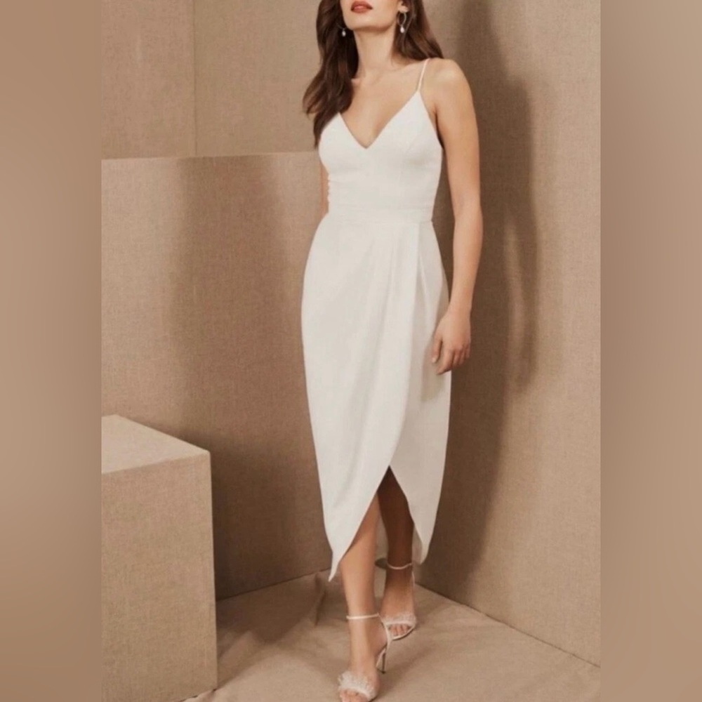 BHLDN Caron V Neck Drape Crepe Antique White Dress Bridal Tulip Skirt Formal